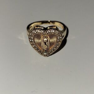 Gold Dipped Heart Virgin Mary Ring with Crystal Halo - Women's Jewelry